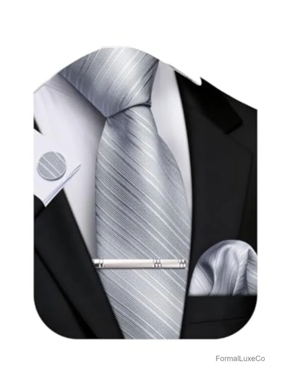 Men's Extra Long Silk Tie Set with Pocket Square Cufflinks and Tie Clip for Big